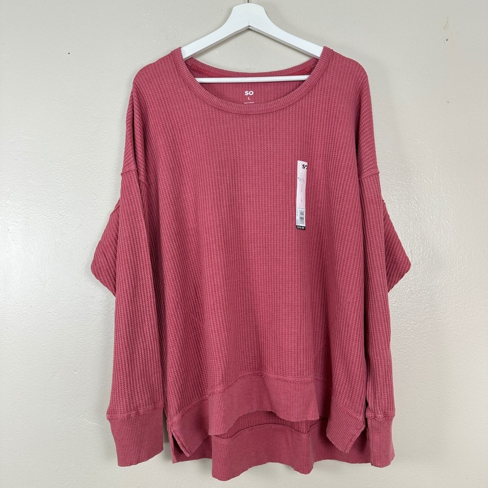 SO‎ Women's L Oversized Waffle Scoop Neck Top Mauve Pink Boho Cottagecore NEW